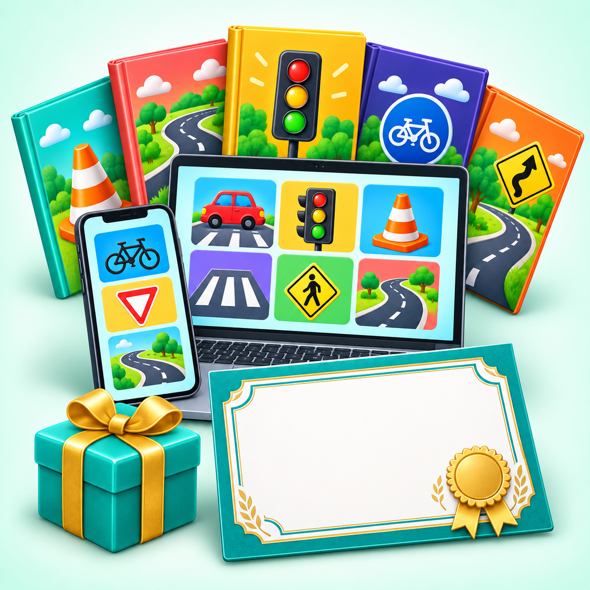 Área digital de bônus com computador, celular, cadernos, certificado decorativo e presente.
