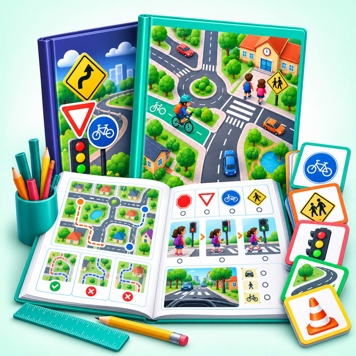 Materiais de trânsito para o 4º e 5º ano com mapas viários, ciclovia, sinais e atividades.