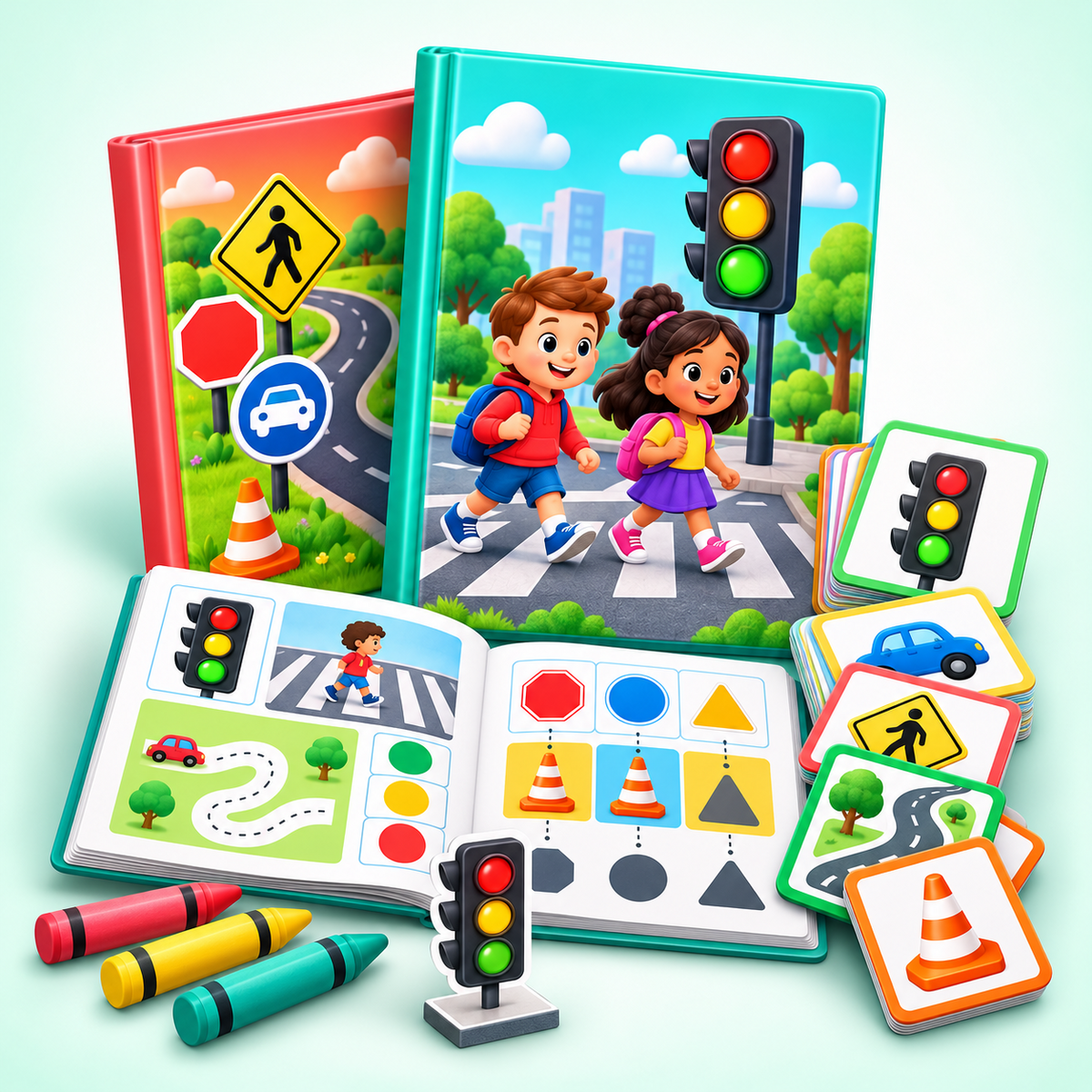 Materiais lúdicos de educação para o trânsito para a Educação Infantil, com livros, atividades, cartões e semáforo.
