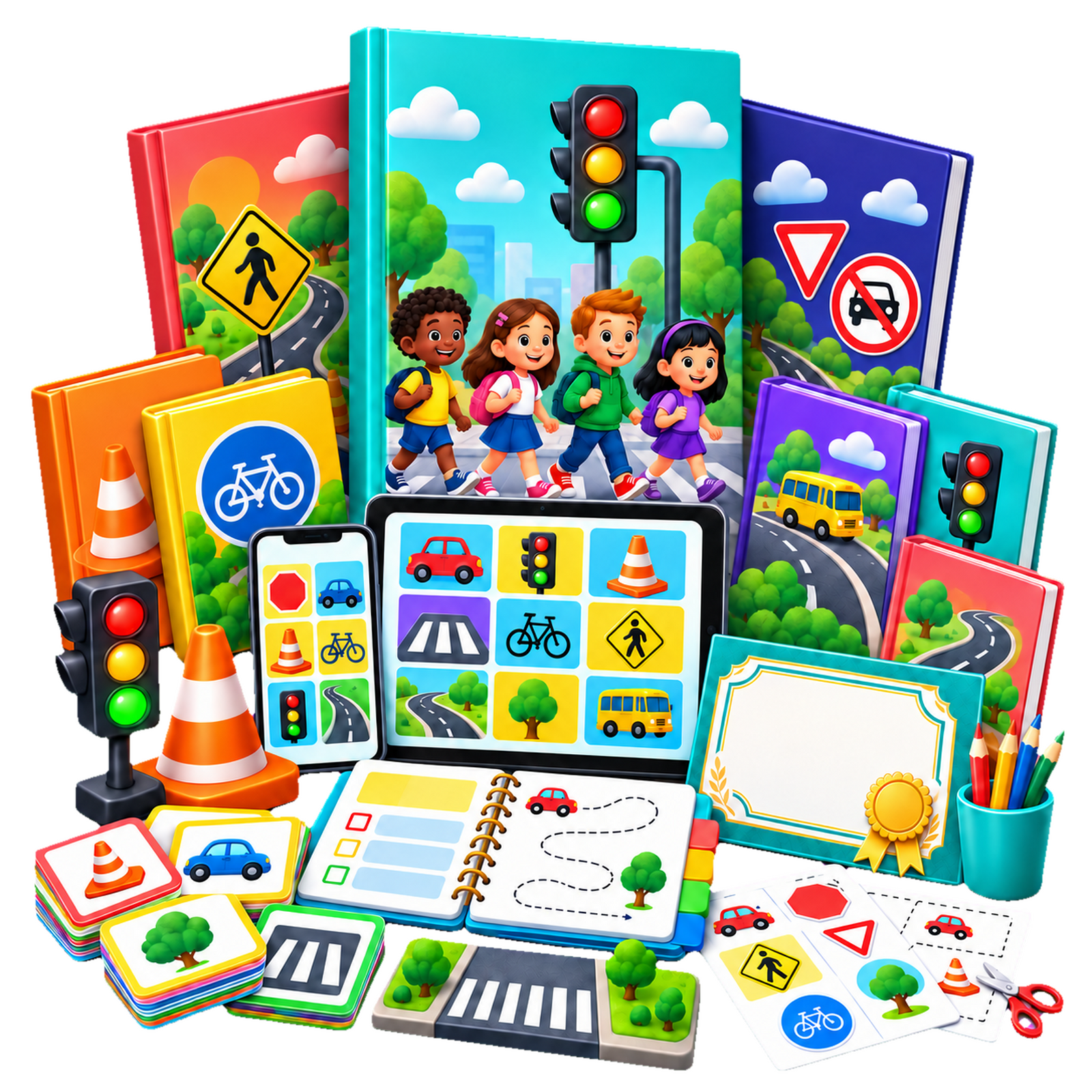 Pacote completo de educação para o trânsito com livros, bônus, tablet, celular, certificado, planner e cartões.